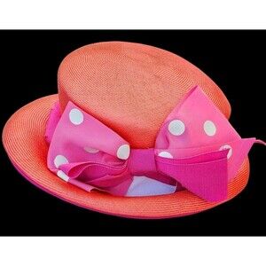Vintage B Michael Straw Hat Polka Dot Pink Bow Minnie Mouse Disney Look Beach